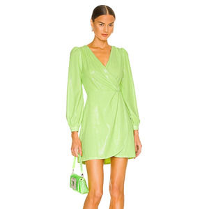 Olivia Rubin Meg Faux Wrap Puff Sleeve Sequin Mini Dress Green-4